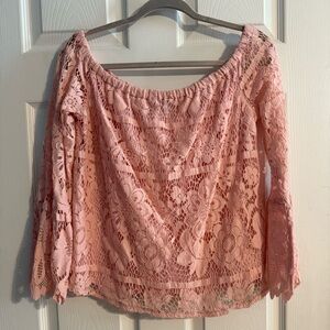 Pink lace off the shoulder top with bell sleeves